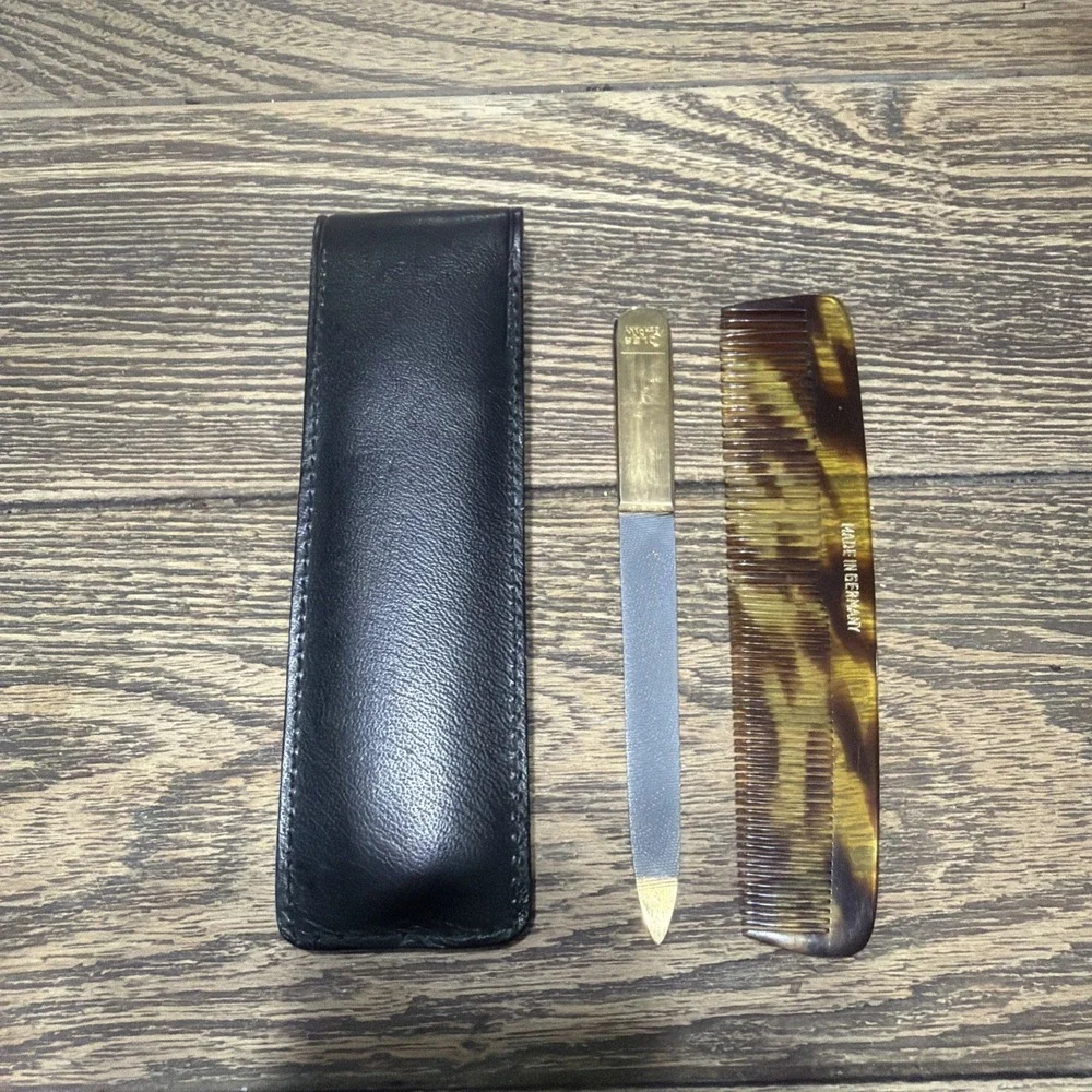 Vintage Coles Grooming Kit Nail File + Comb with Black Leather Case Made Germany